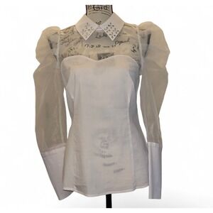 Venus Womens White Blouse Sheer Organza Puff Sleeve Jeweled Collar Party Top zs8